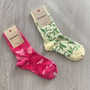Sock Fancy Crew‎ Socks NWT yellow/green leaves pattern & pink/pink S/M 2 pairs